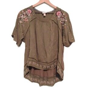 Knox Rose Green Floral Embroidered Boho Blouse Size Small